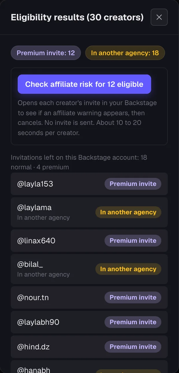 Eligibility results on a phone: Premium invite and In another agency for each creator (sample data)
