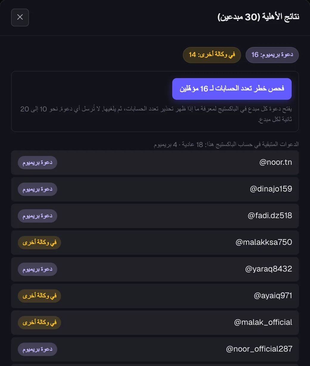 نتائج فحص الأهلية لـ 30 صانع محتوى بالواجهة العربية: دعوة بريميوم وفي وكالة أخرى (بيانات تجريبية)