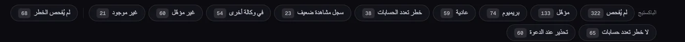 فلاتر باكستيج تيك توك لايف في القائمة: لم يُفحص، مؤهّل، بريميوم، عادية، خطر تعدد الحسابات، سجل مشاهدة ضعيف، في وكالة أخرى، غير مؤهّل، غير موجود (بيانات تجريبية)